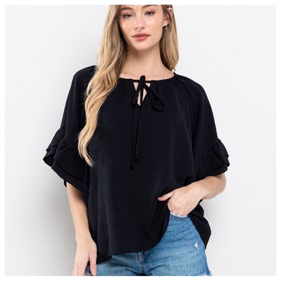 11 Boho Solid Key Hole Tie Flared Top - Picture 1 of 5
